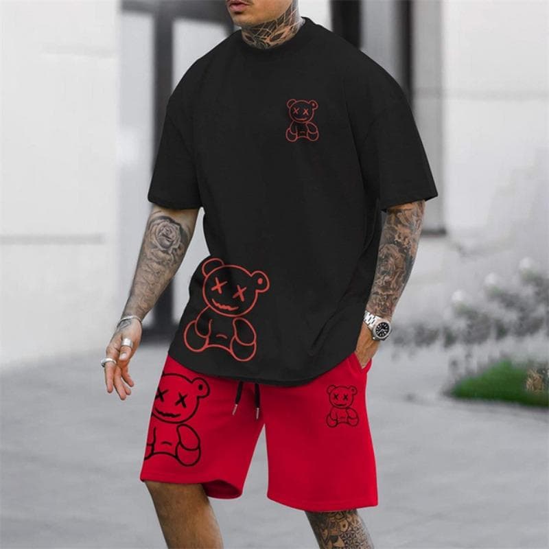 2025 Fun Bear Harajuku T-Shirt Men's Summer Loose Daily Couple Suit Outdoor Street Short Sleeve Shorts Two Piece Men Summer Suit S