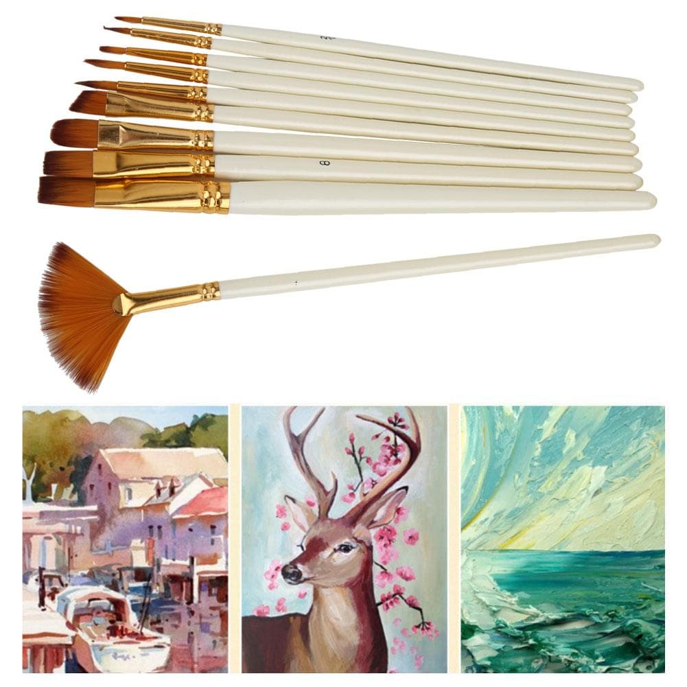 10Pcs Paint Brush Nylon Hair Wood Rod Fan Shape Watercolor Painting Art Supplies
