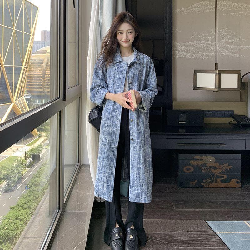 Blue Jacquard Long Denim Windbreaker Women's Autumn New Korean Style Versatile Loose Coat Jacket XL blue