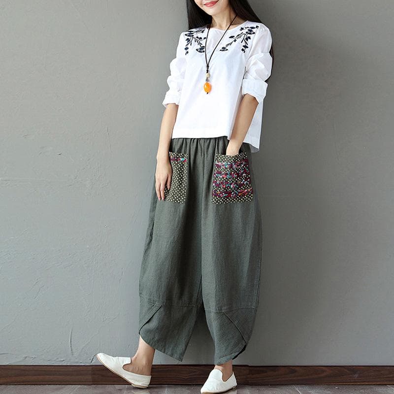 Vintage Women Ethnic Splicing Harem Pants Elastic Waist Wide Leg Trousers Baggy Loose Cotton Linen L army green
