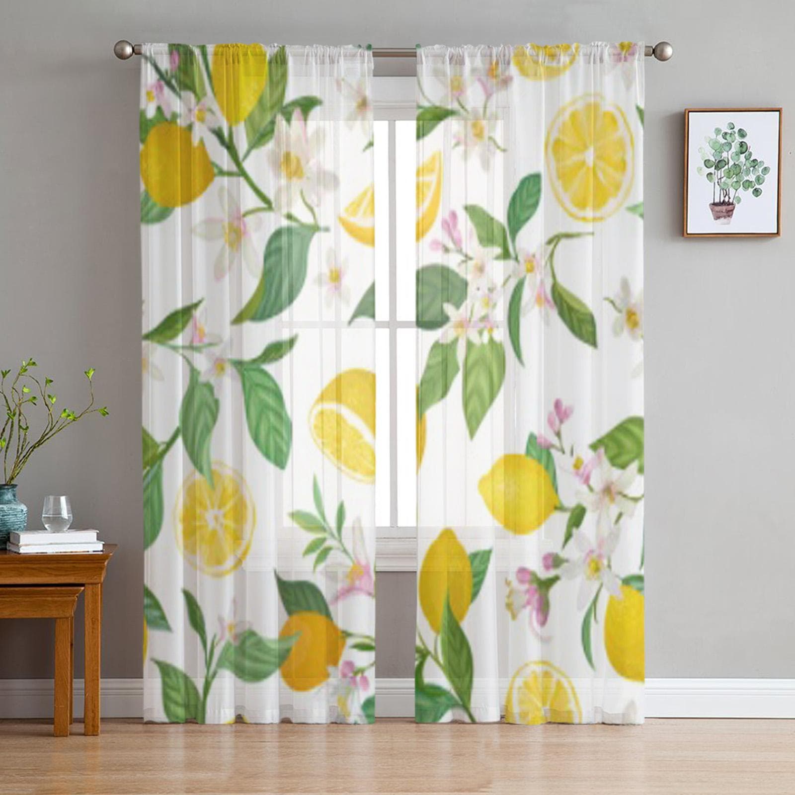 Tropical Fruit Lemon Tulle Sheer Window Curtains For Living Room The Bedroom Modern Chiffon Voile Organza Curtains Decor Drapes 135W x 114H(cm)