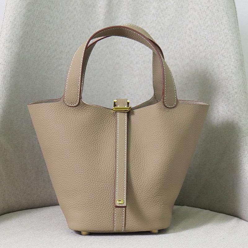 Small Genuine Leather Handbags For Women Designer Tote Bag Without Logo Natural Cowhide Ladies Basket Shopping Bags With Padlock Mini 18x14x19cm light khaki