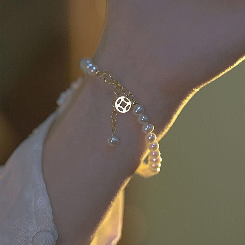 Imitation Pearl Hollow Copper Money Adjustable Bracelet For Elegant Hollow