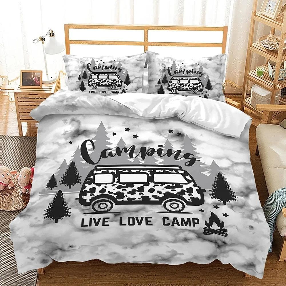 Camper Time Print Bedding Set 3D Camping Car Duvet Cover Travel Theme Cartoon Camping Comforter Cover Full King for Teens Adult 70x133cm 2pcs