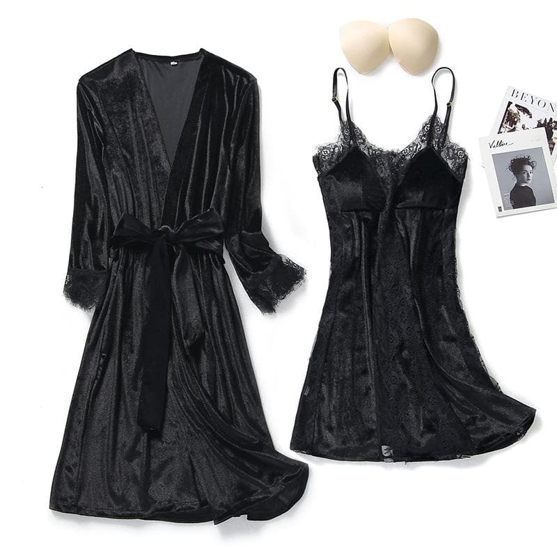 Autumn Winter Velvet Twinset Robe Set Women Sleepwear Sexy Patchwork Lace Nightgown Kimono Bathrobe Gown Loose Velour Home Dress L