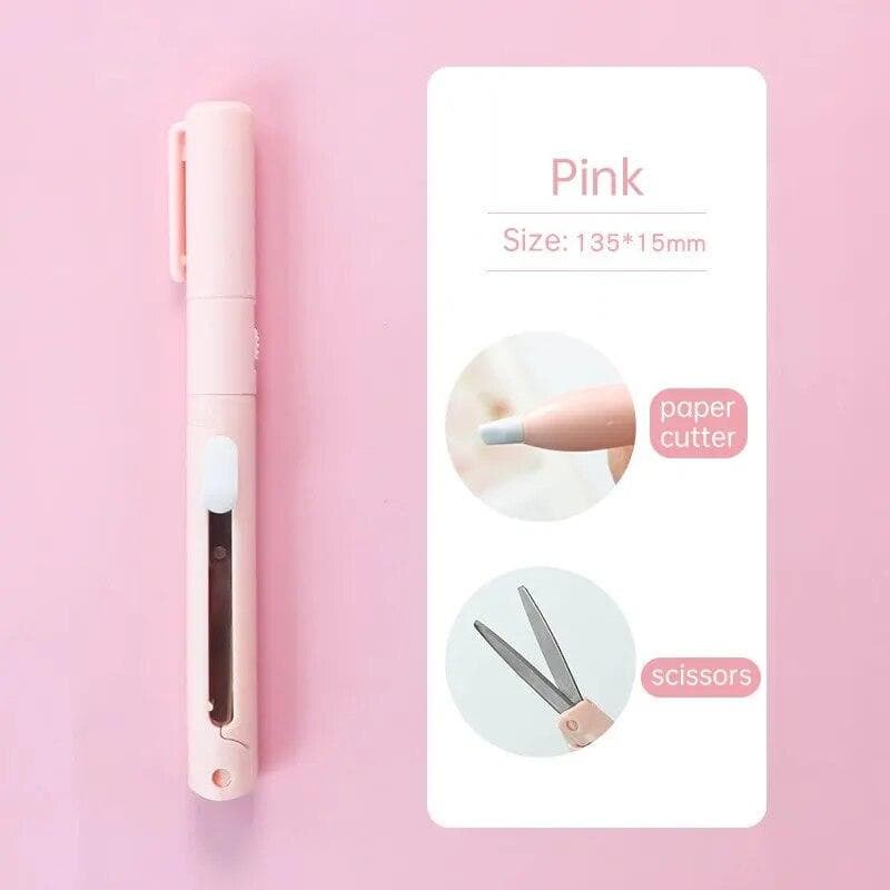 Scissors and Paper-cutting Knife Pen-shaped Carving Pocket-sized Portable Paper Trimmer For Bullet Journal Journaling Crafting pink