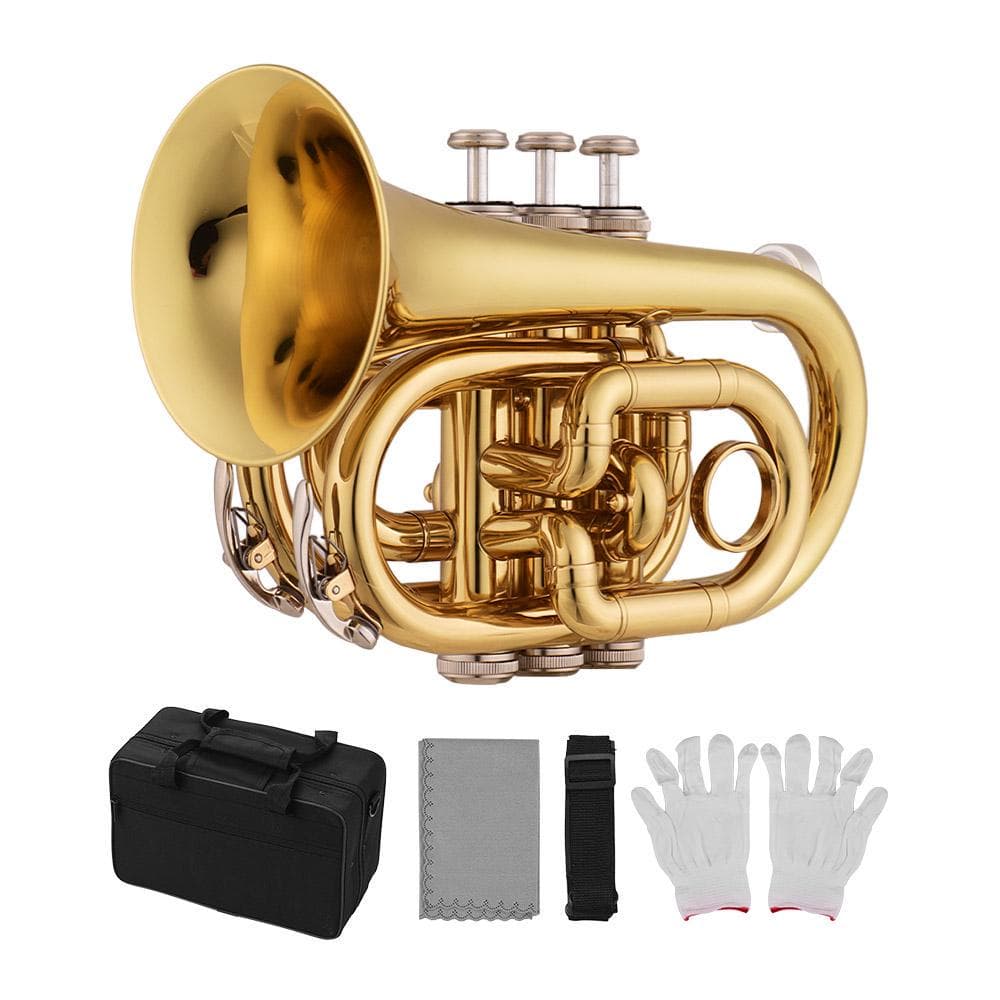 Pocket Trumpet Bb Flat Brass Material Wind Instrument w/Cleaning Cloth Case gold