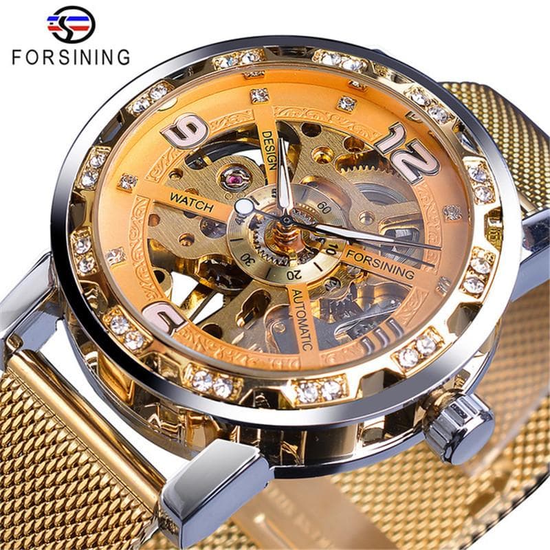 Forsining Watch Men's Fashion Casual Classic Popular Mesh Belt Hollow Rhinestone Manual Mechanical Watch