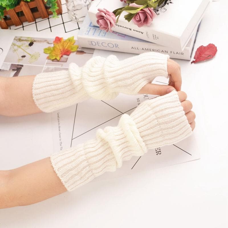 Women Fingerless Gloves Arm Warmers Goth Knitted Kawaii Work Gloves Ankle Wrist Sleeves Harajuku Anime Cosplay Accessories length-30cm white