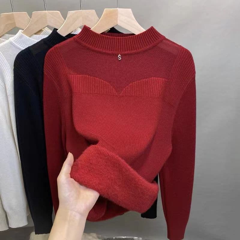 Women's Thick Winter Mesh Top with Added Velvet Sweater Half High Neck Base Shirt for Women 2XL
