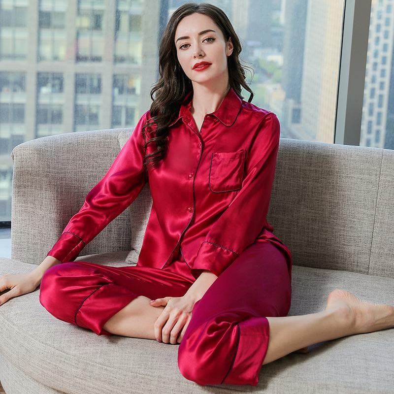 Pure Silk Women's Autumn Casual Pajamas Girl's Home Lapel Cardigan Button Down Thin Two-piece Set 100% Silk Pyjamas Homewear 2XL