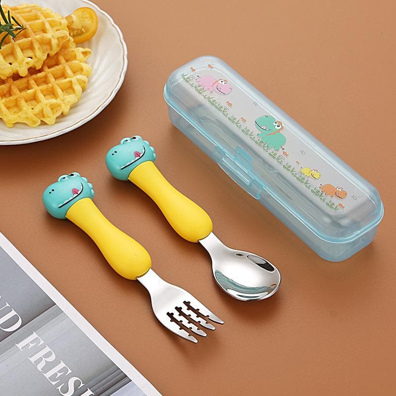 304 Stainless Steel Dinosaur Baby Children's Portable Tableware Cartoon Spoon Fork Learning Training Chopsticks Fork Spoon Set yellow