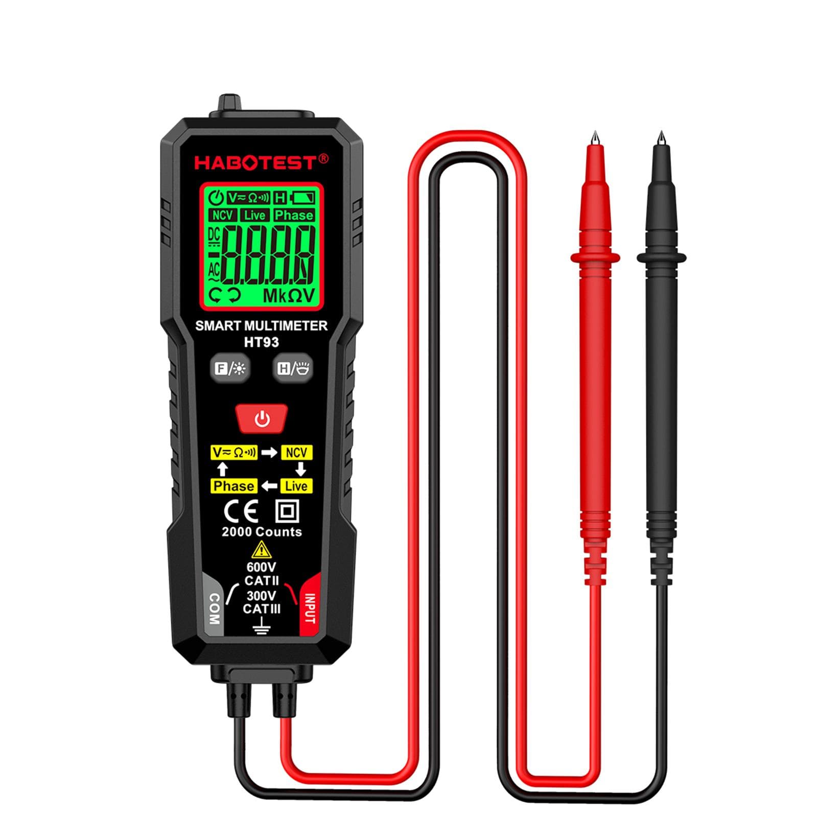 HABOTEST HT93 Digital Multimeter Voltage Tester 2000 Counts Volt Meter Ohmmeter Auto-Ranging black