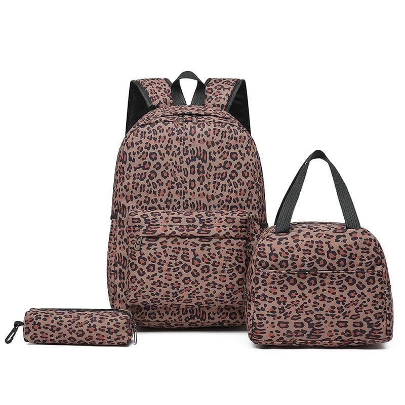 Three-Piece Backpack Set Large Capacity Women's Leopard Print Backpack Student Schoolbag dark brown