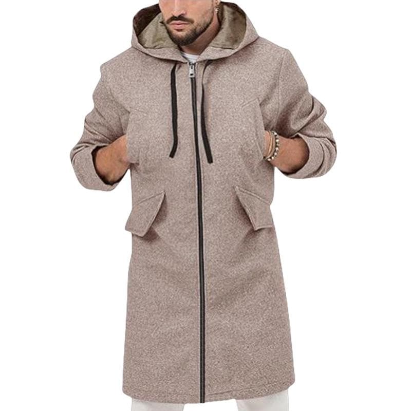 Woolen Men's Coat with Multiple Pockets, Hooded Coat, Zipper Cardigan XL