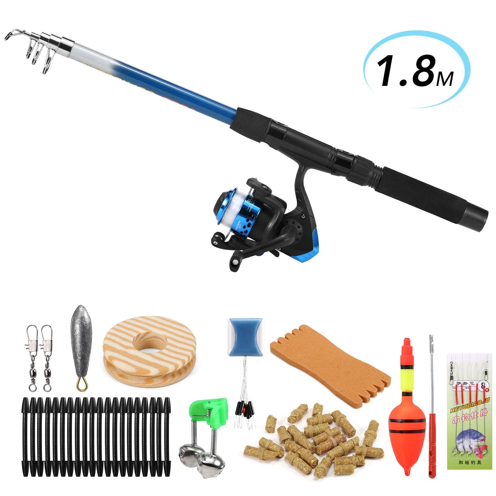 Fishing Rod and Reel Combo Full Kit 1.8m Telescopic Fishing Rod Pole and Spinning Reel Set with Lures Swivels Bell Float Hair Rigs Fishing Accessories Blue Plastic Reel
