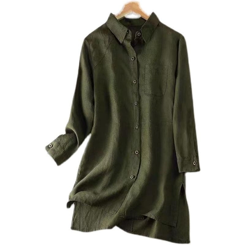 Spring Japanese Korean Cotton Linen Shirt for Women Long Sleeved Loose Oversized Medium To Long Linen Top 2XL army green