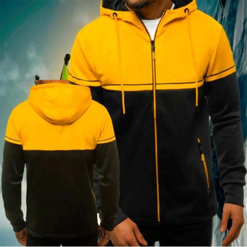 2024 Autumn and Winter New Men's Casual Cardigan Hooded Sweater Youth Color Matching Men's Jacket XL yellow