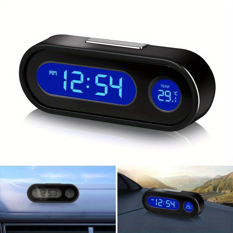 Compact Digital Car Clock - Luminous with LCD Backlight - Thermometer, Time Display, Car Interior Accessory black