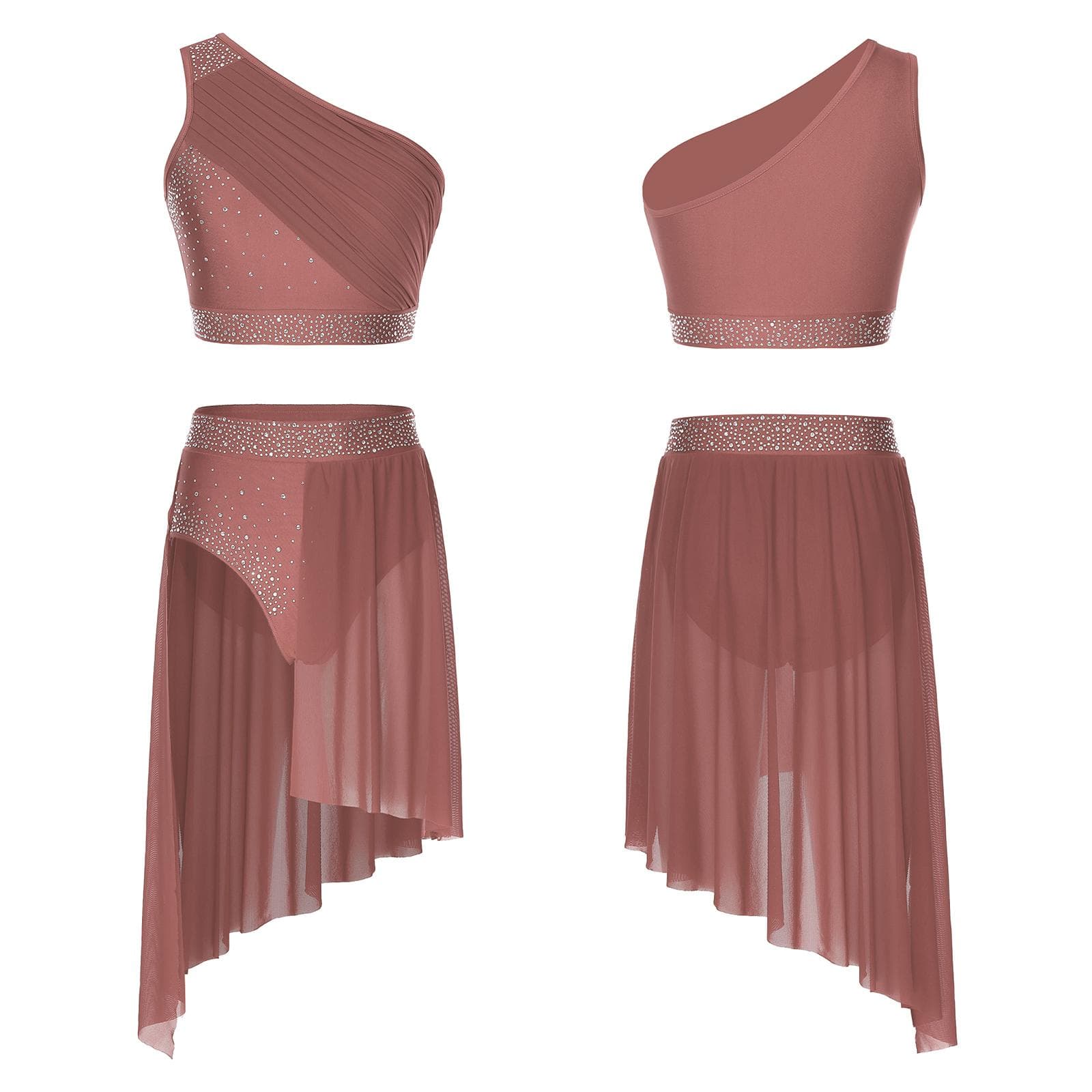 Women Lyrical Dance Costume Chiffon Splice Artistic Gymnastics Activewear Outfits Modern Jazz Dancewear Crop Top with Skirt L light brown