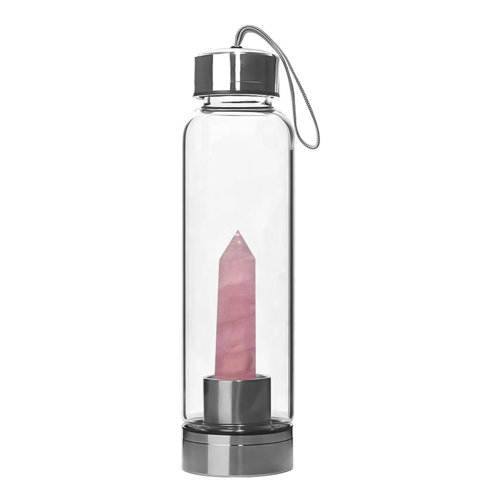 Crystal Glass Water Bottle, Water Bottle with Removable Gemstone Center Top Easy Carry Strap for pink