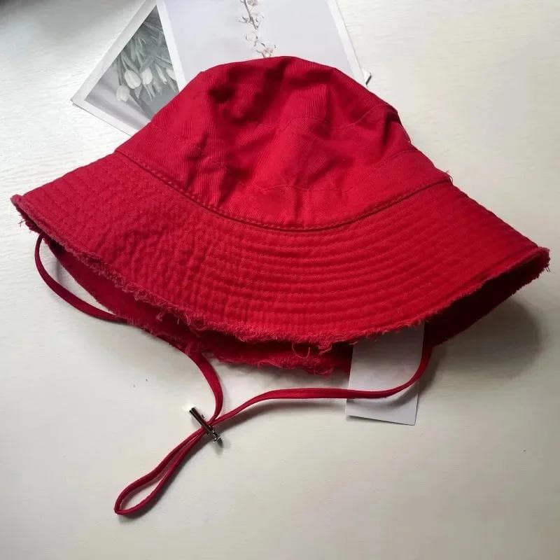Designer Fisherman Hat Personalized Trend Letters Wide Eave Cap Summer Solid Color Sunproof Hanging Rope Bucket Hat For Adults M 56-58cm red