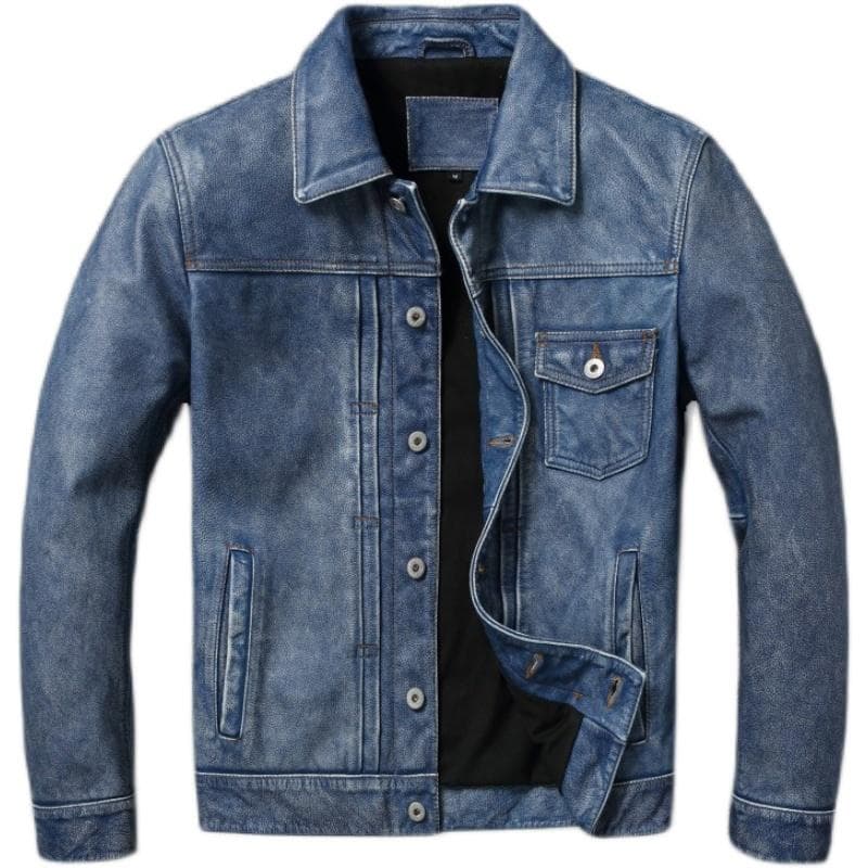 Vintage Blue Genuine Leather Jacket Men 506 Style Slim Fit Short Cowhide Skin Mens Leather Coat Autumn S blue