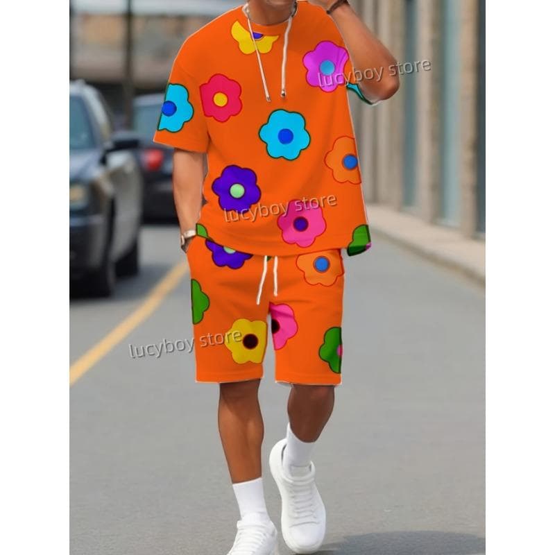 Colorful Flowers Printed Sport T-shirt+shorts Suit Set Men Male Luxury Tracksuit Outfit Summer Oversized 2 Piece Set men Clothes 4XL