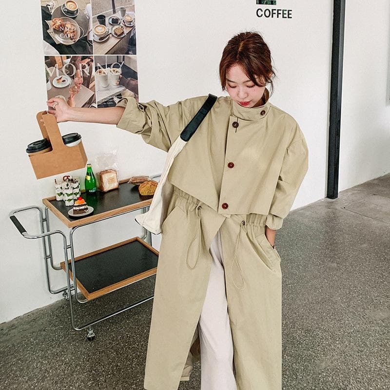 Spring Apricot Trench Coat Long Coat for Women Loose Large Size Design Drawstring Waist Trench Coat XL