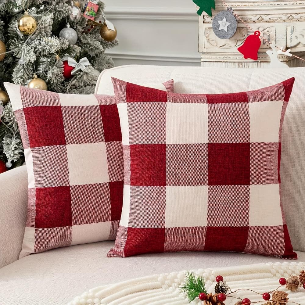 Merry Christmas Buffalo Check Home Decor Pillow Covers, Christmas Red, Black and Beige Farmhouse Sofa Pillow Covers 18 inches * 18 inches red