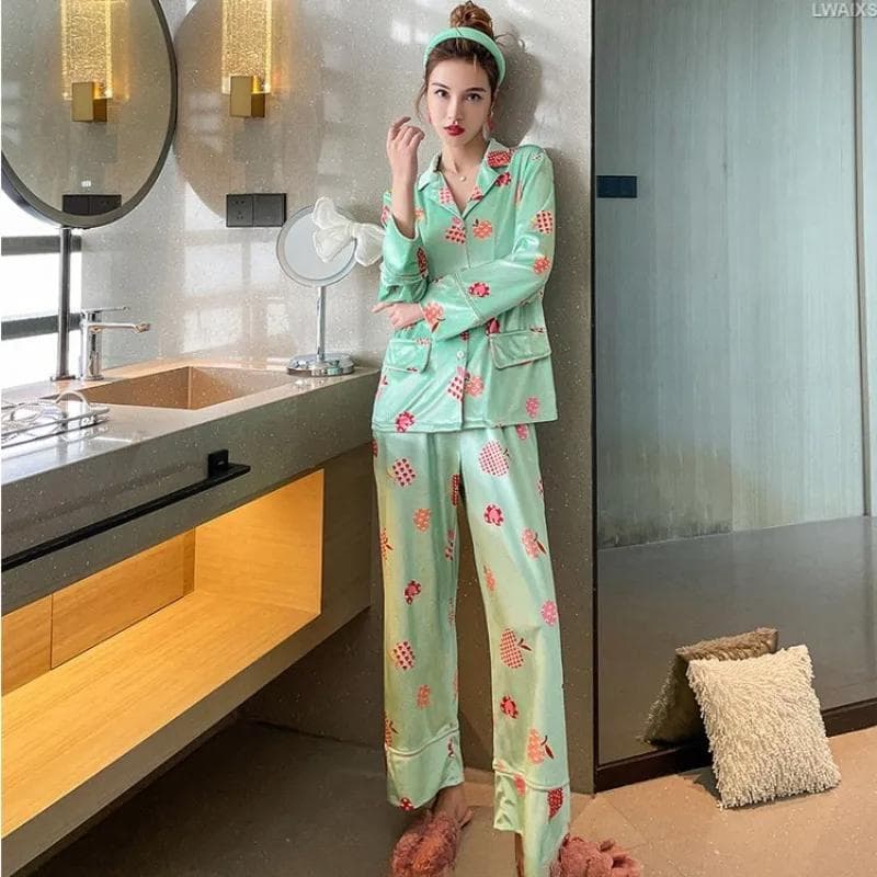 New Letter Print Women's Pajamas Lapel Cardigan Long Sleeve Two-Piece Loose Digital Gold Velvet Home Clothes M green