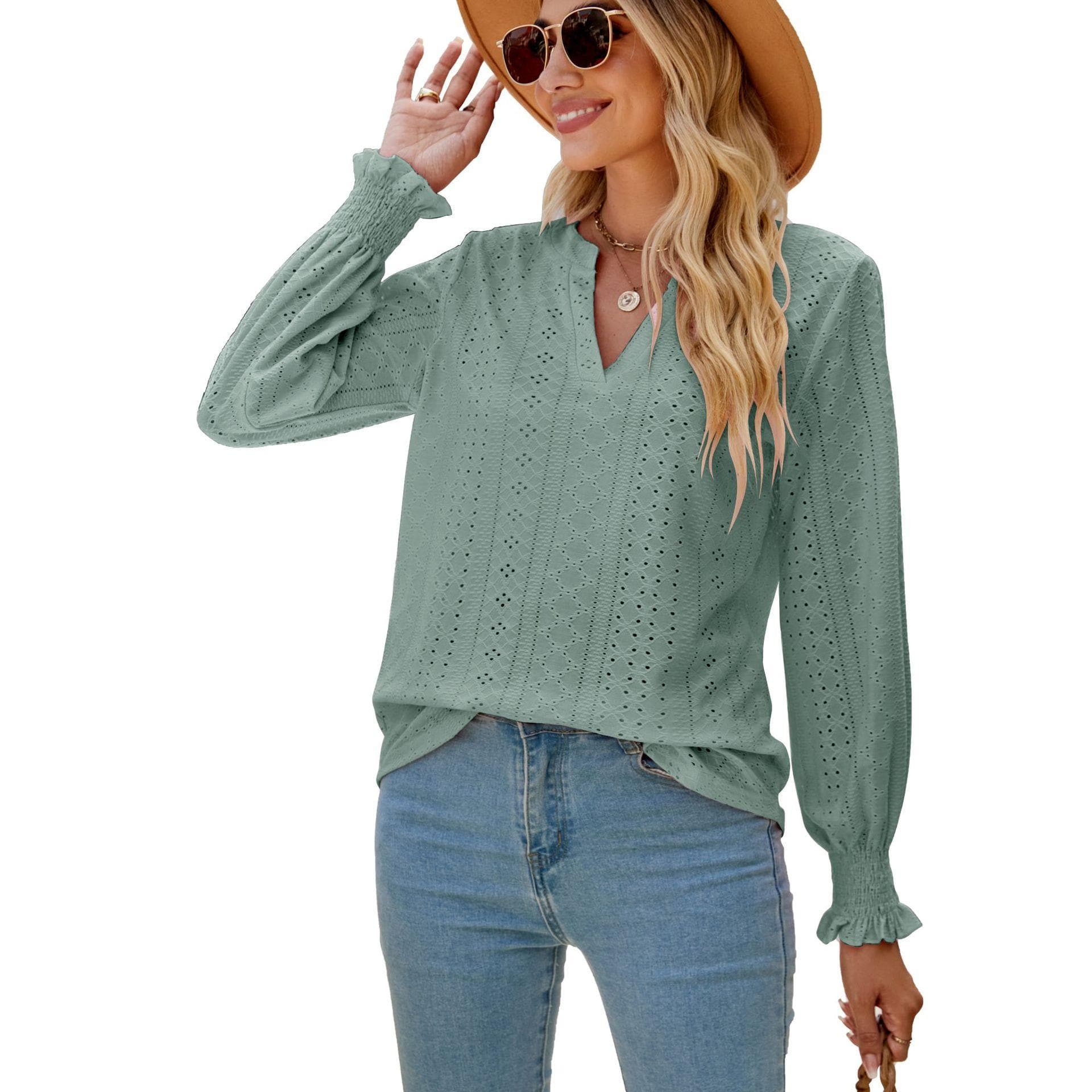 Summer Women's Tops Long-sleeved Solid Color Hollow Out Shrink Pleated Lotus Leaf Sleeve Blouse V-neck Loose T-shirt Top XXL green
