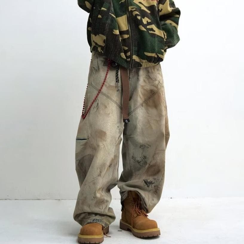 High Street Retro Washed Tie-Dyeing Old Jeans Pants for Men and Women Autumn High Waist Straight Wide Legs Floor Sweeping Pants L brown