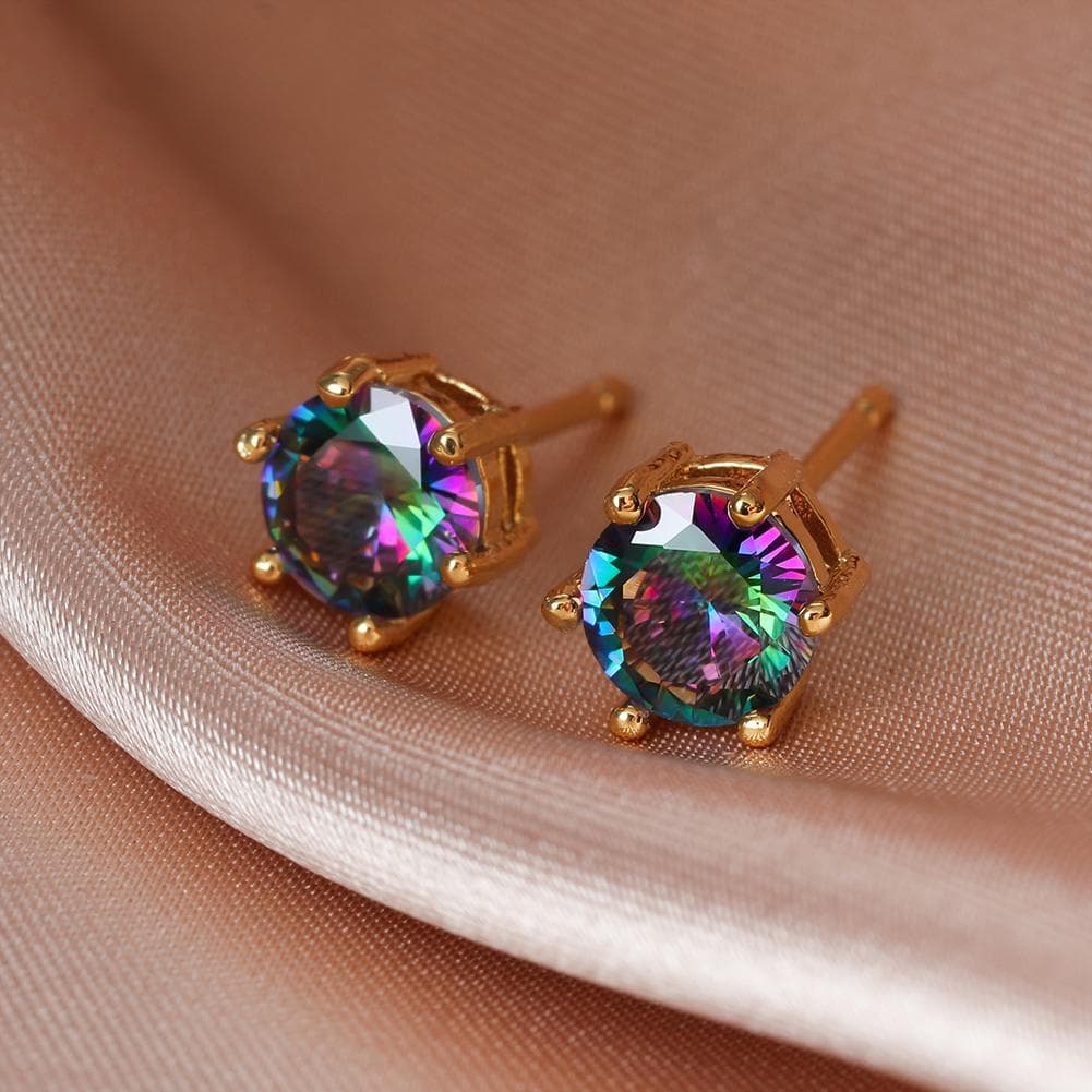 Punk Rainbow Crystal Stud Earrings for Women Men Black Gold Silver Color Wedding Jewelry Round Zircon Earring multicolour/gold