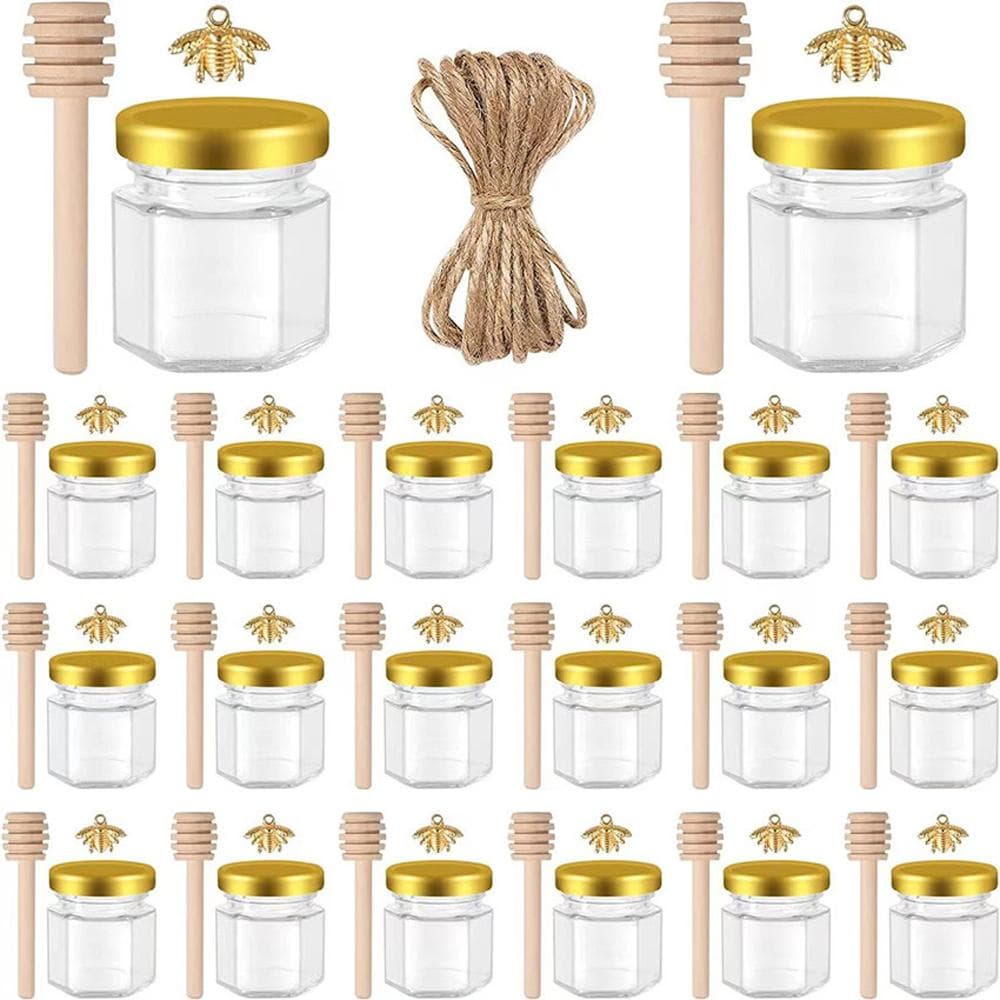 20Pcs Hexagonal Honey Glass Jars with Wood Dippers 45mL Small Glass Bottle with Lid for Baby transparent