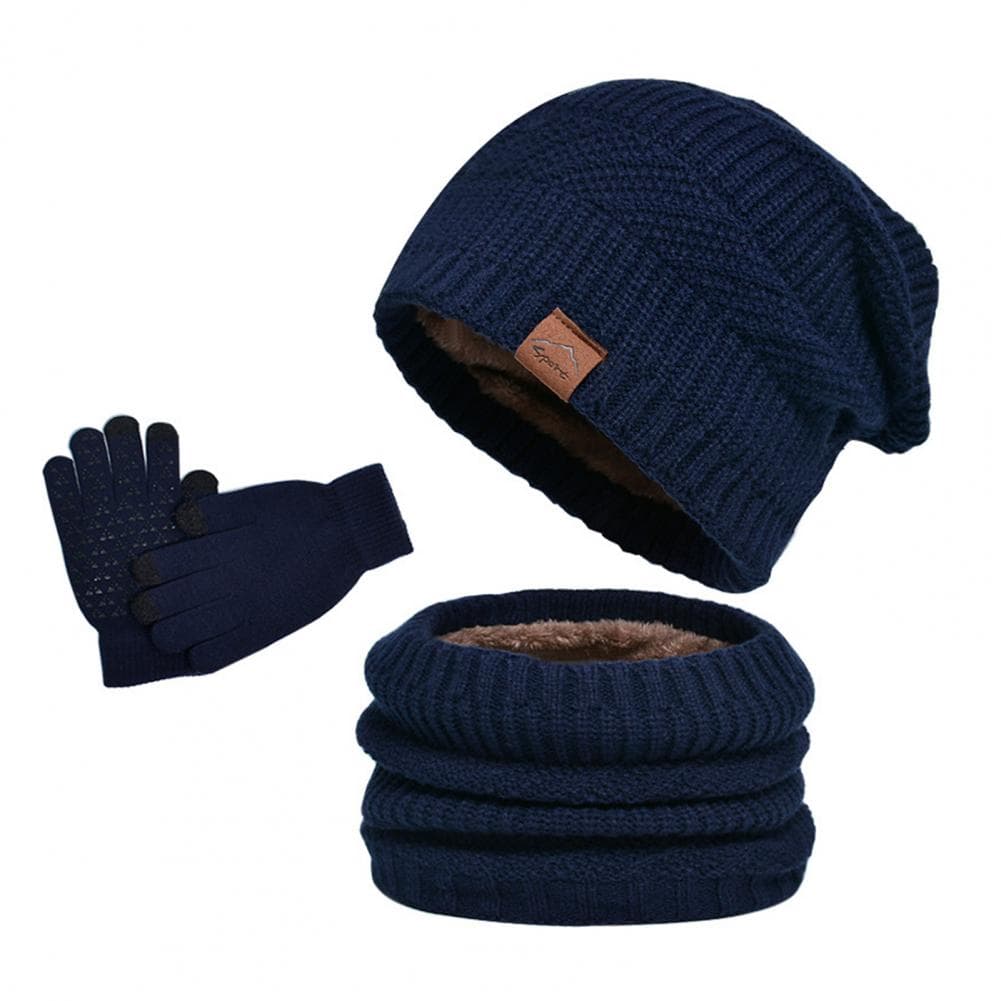3 Pcs/Set Hat Scarf And Gloves Set Thick Plush Knitted Warm Elastic Ear Five Fingers Windproof Winter Outdoor Cycling navy blue