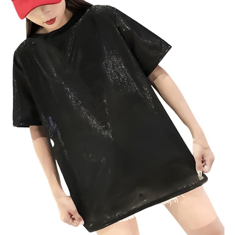 Summer Casual Tops Round Neck Short Sleeve Loose Fit Tee Shirt Glitter Mid-length Pullover Tops Streetwear M black