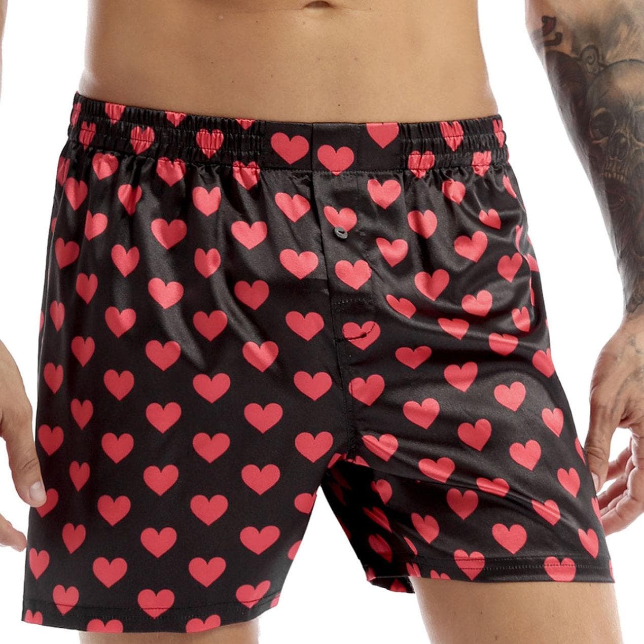 Men's Silky Satin Boxer Shorts Love Printed Pajamas Sleepwear Lounge Underwear L black