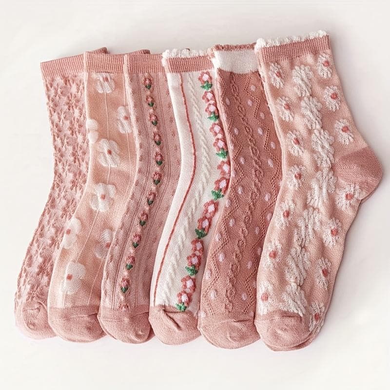 6 Pairs Women'S Knee-Length Socks, Ditsy Floral Embossed, Polyester & Spandex Blend, Knit Fabric, Hand Washable - Cute Pink Mid-Calf Fashion Socks One-size pink
