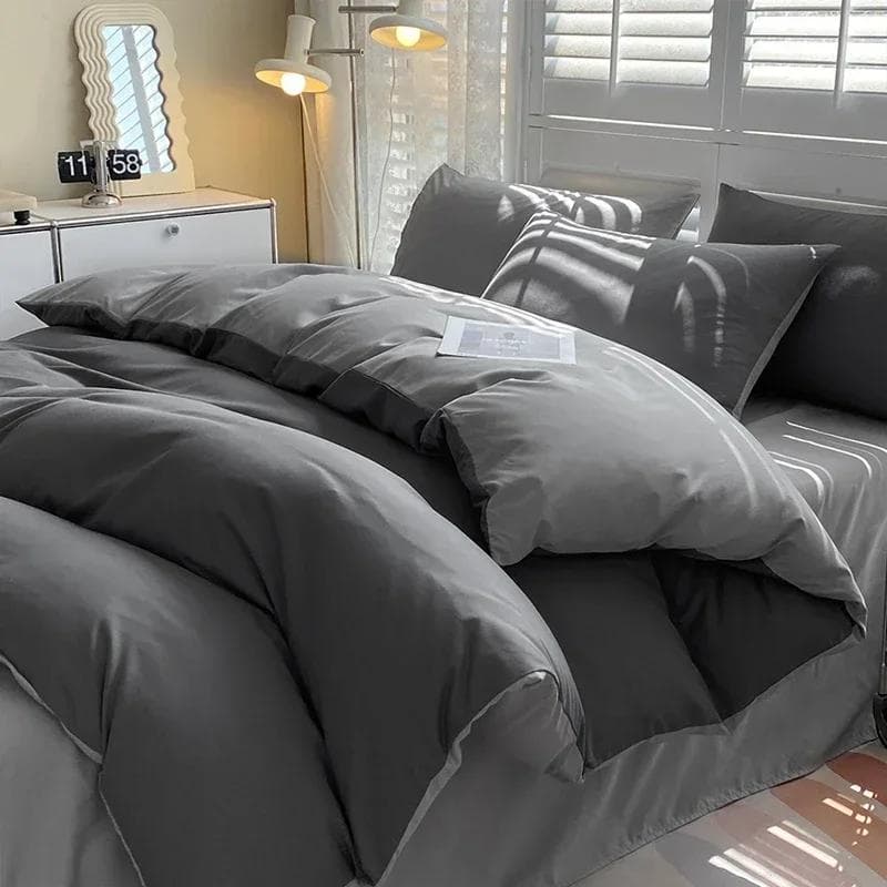Solid Color Duvet Cover Set Full Queen, 100% Washed Cotton Bedding Set Soft Comfy 4 Pcs-1 Quilt Cover,1 Flat Sheet,2 Pillowcase 150x200cm 4pcs set
