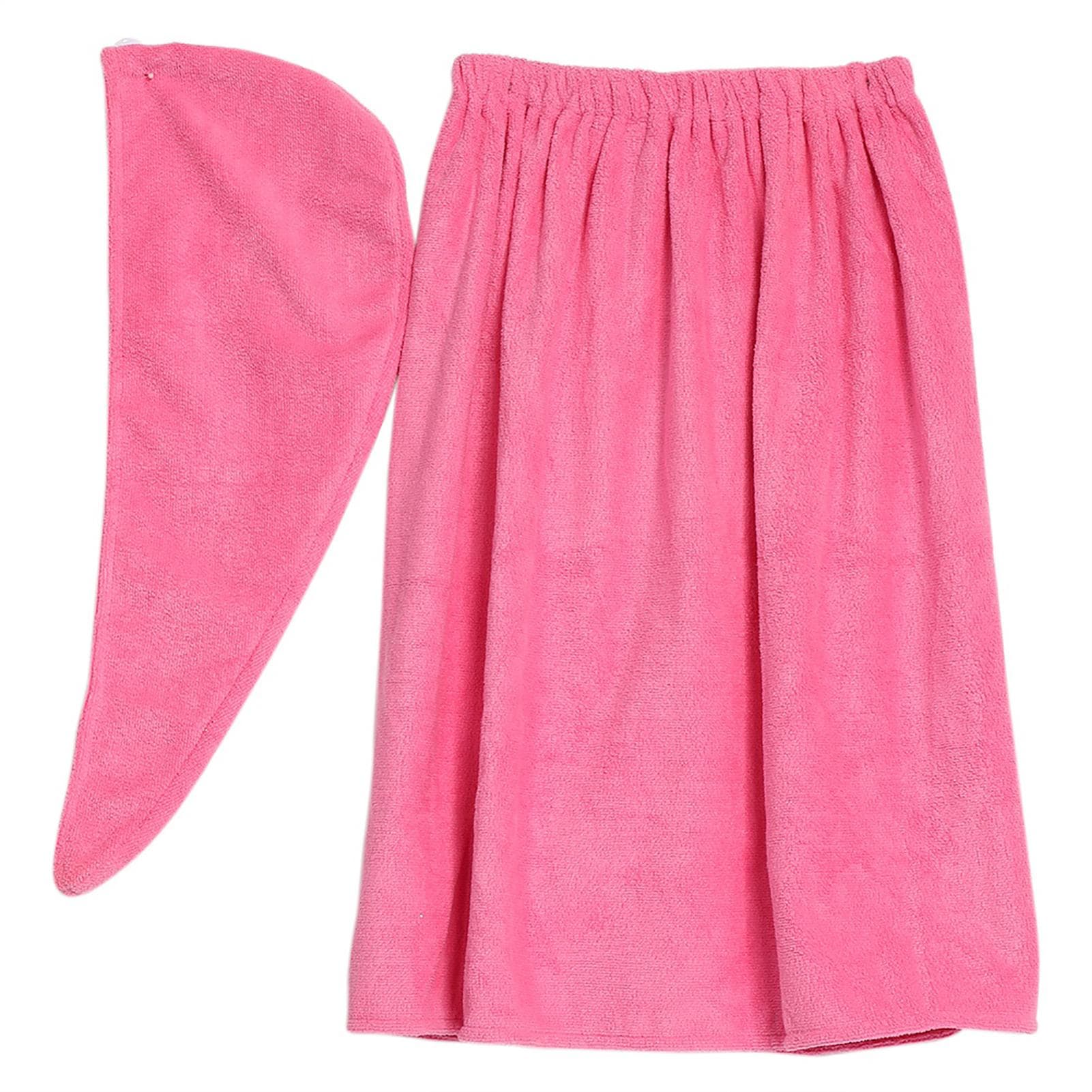 Women Soft Spa Bath Body Wrap Set Towel Bathrobe With Fast Dry Hair Drying Cap (Rose Red)