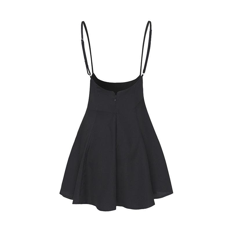 Women Fashion Overall Strappy Black Dress Pleated Mini Short Skirts A Line Brace Skirt S black