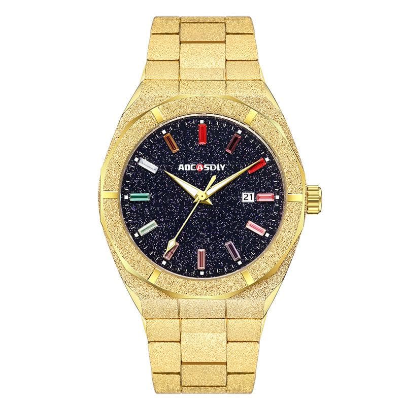 AOCASDIY Luxury Men Watche Colourful Crystal Waterproof Bling Dial Frosted Star Dust Rainbow Watch For Men gold