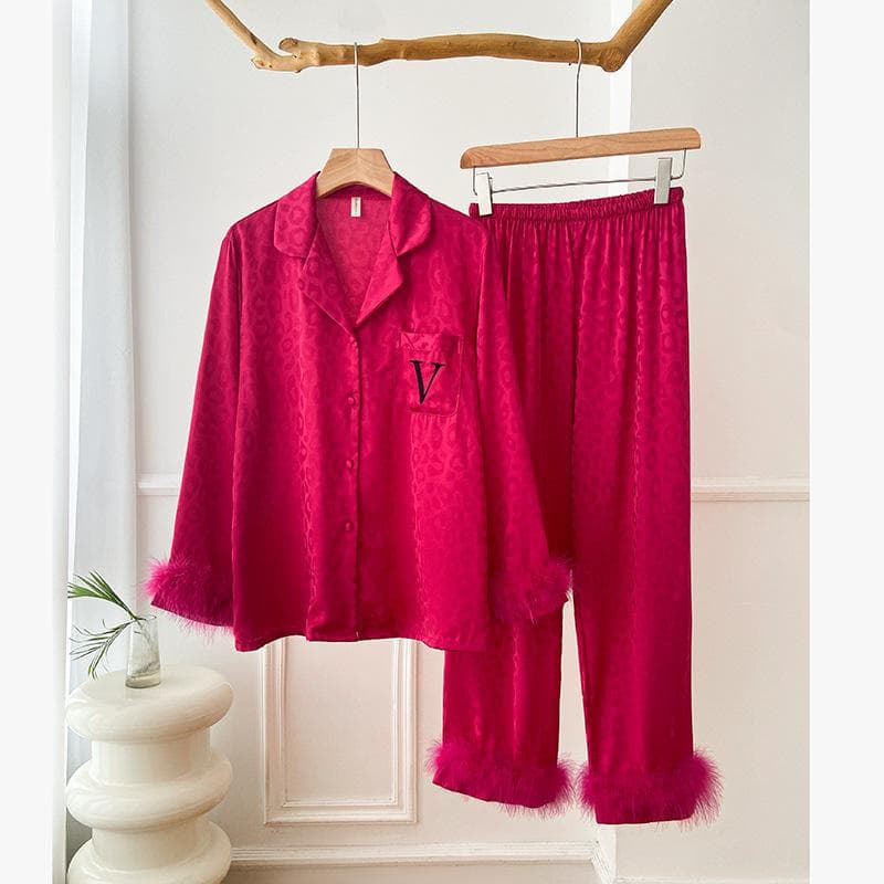 Sexy Luxury Black Leopard Trouser Pijamas Suit Spring Autumn Women Pajamas Set Sleepwear with Pocket Feather Silk Satin Homewear L pink