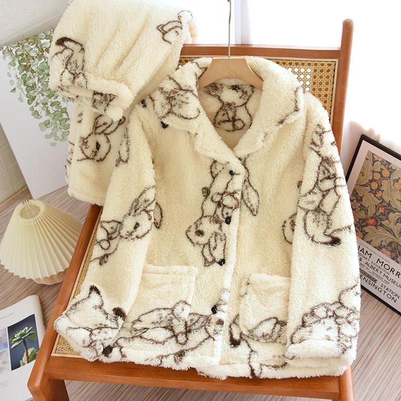 Autumn/Winter New Couple Sleepwear Set Flannel Thickened Long Sleeve Pants for Men and Women Coral Fur Home Fur XL