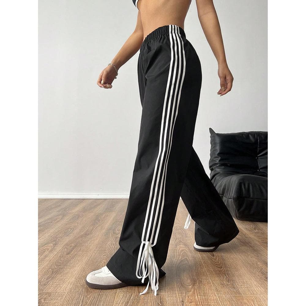 Retro American Striped Casual Pants Women's Spring and Autumn New Elastic Waist Loose Versatile Trousers L black