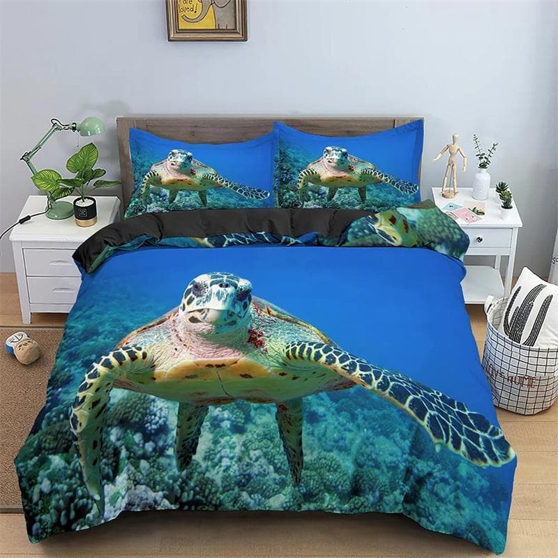 Sea Turtle Duvet Cover Underwater World Themed Marine Life Bedding Set for Women Teen Boys and Girls Gift for Bedroom Decoration 210x210cm 3pcs