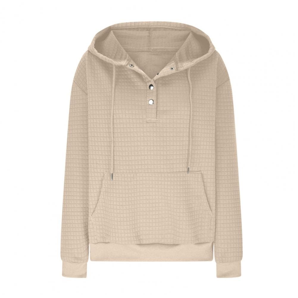 Women Autumn Winter Hooded Sweatshirt Drawstring Buttons Neckline Long Sleeve Front Pocket Hoodie Solid Color Waffle Texture S S apricot