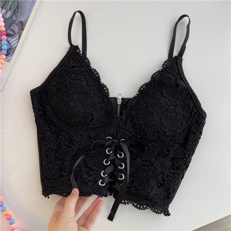 Sexy Lace Strap Crop Tops For Women Fashion Sleeveless Design Corset Bustier Party Top Summer Bralette Short Camisole black