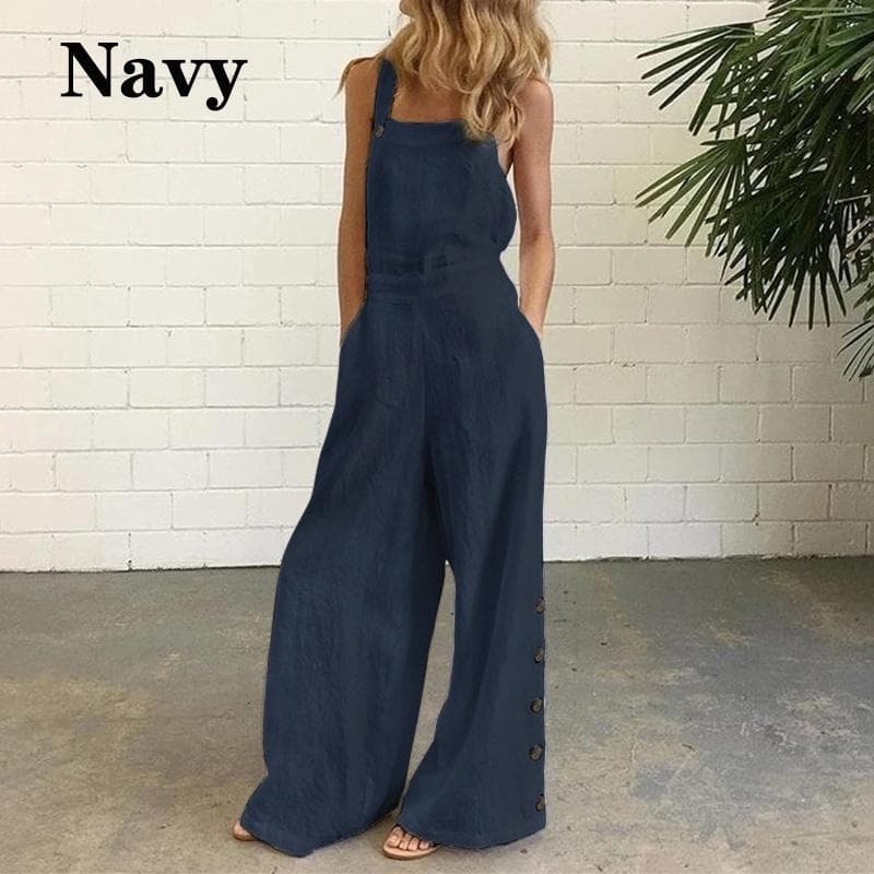 New Women Square Neck Sleeveless Pure Cotton Wide Leg Jumpsuits M navy blue